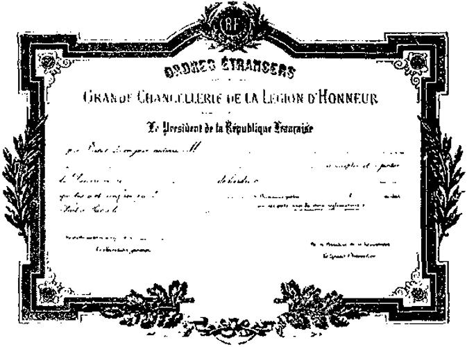 Brevet de la Grande Chancellerie de la Lgion d Honneur