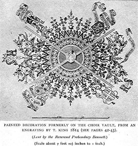 PAINTED DECORATION FORMERLY ON THE CHOIR VAULT, FROM
AN ENGRAVING BY T. KING 1814 (SEE PAGES 42-43). (Lent by the Reverend
Prebendary Bennett.) (Scale about 7 feet 10½ inches to 1 inch.)