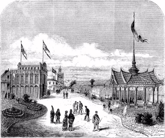 VIEW IN THE PARK OF THE TROCADRO, SHOWING THE PAVILIONS OF PERSIA AND SIAM.