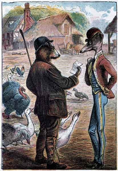 Two male dogs standing and speaking to each other.