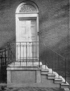 Plate XXXVI.—Doorway and Ironwork, Northeast Corner of
Third and Pine Streets; Stoop with Curved Stairs and Iron Handrail, 316
South Third Street.