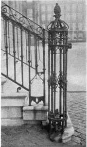 Plate XLII.—Iron Stair Rail and Footscraper, South
Seventh Street (section); Iron Stair Rail and Footscraper, South Fourth
Street (section); Iron Stair Rail and Footscraper, Seventh and Locust
Streets (section); Iron Stair Rail and Footscraper, Seventh and Locust
Streets (section).