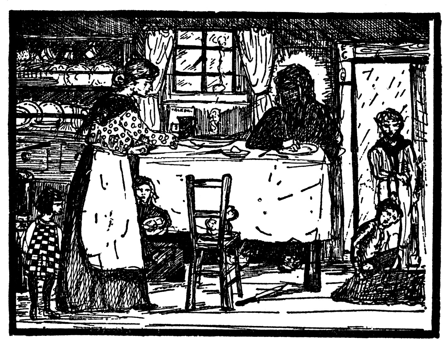 They climbed aboard and sat; the woman spread
Food for King Cole, and watched him as he fed.

