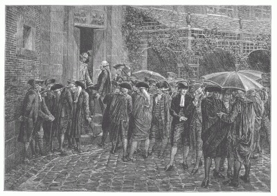 DEPUTIES OF THE THIRD ESTATE, WAITING AT THE DOOR OF THE SALLE DES SANCES, JUNE 23, 1789.  From a painting by M. Melingue.