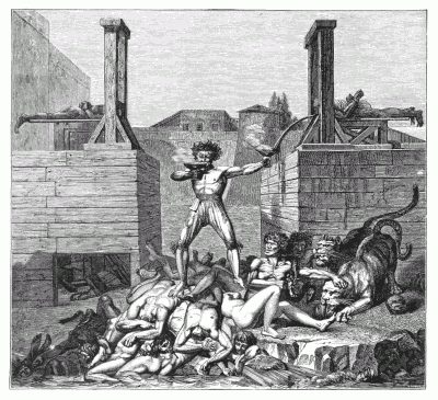 THE "FORMES ACERBES." After a drawing by Lafitte. Expression used by Barre in his defence of Joseph Le Bon: "If Le Bon
had employed formes acerbes, he had at least shown his devotion to the
Republic." Le Bon caused the execution of more than fifteen hundred
persons; it was he who installed an orchestra at the foot of the
guillotine.