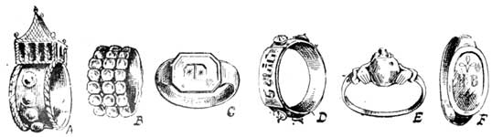 A, JEWISH WEDDING RING, GERMAN, 17TH CENTURY; B, MODERN
ITALIAN; C, ITALIAN, 14TH CENTURY; D, VENETIAN, 16TH CENTURY; E,
ENGLISH, 1706; F, ENGLISH BRONZE BETROTHAL RING, 17TH CENTURY.