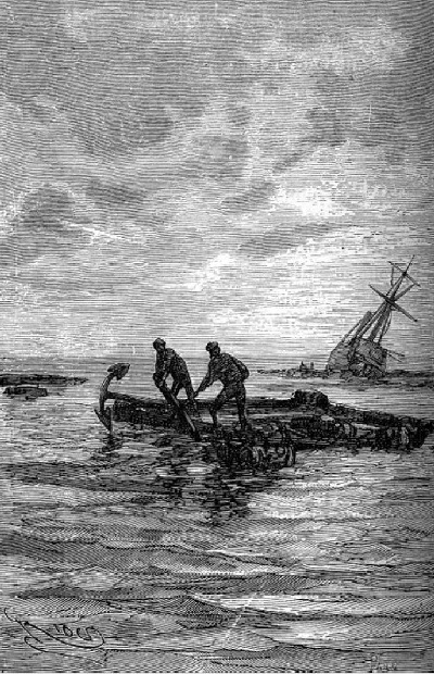 zij lieten het anker een halve kabellengte van het schip
af op tien vaam water vallen.