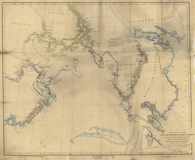 DISCOVERIES OF THE HONBLE. HUDSON'S BAY COS. ARCTIC
EXPEDITION to the NORTH of REPULSE BAY; Conducted by JOHN RAE ESQR.
1846 & 1847; Shewing in connection, the Discoveries made by PARRY,
ROSS, BACK, & the Honble.
Company's Expedition Conducted by
DEASE & SIMPSON 1838-1839. Adjusted & Drawn by John Arrowsmith
London, Pubd. Jany. 1st. 1848, by John Arrowsmith, 10 Soho Square.
Discoveries of The Honble. Hudson's Bay Cos. Expeditions are
Cold. Red Do. of Sir Edward Parry Purple Do. of Sir John Ross Yellow
Do. of Sir George Back Green