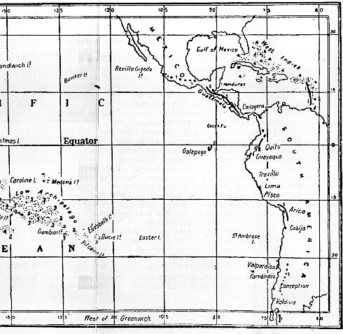 [Illustration:
Map showing distribution of coral-reefs and active volcanoes.]