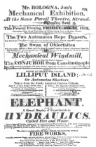A Bologna bill of 1812, featuring the automatic rope
dancers. From the Harry Houdini Collection.
