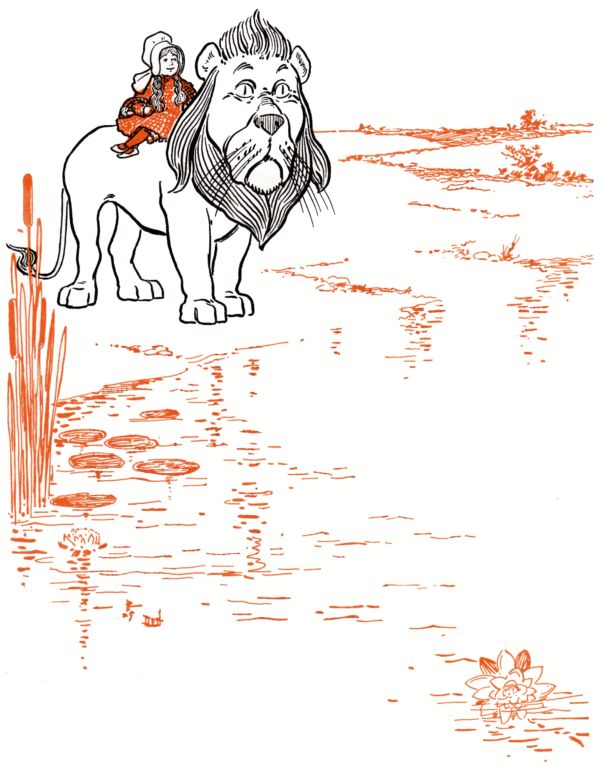 Dorothy riding the Lion at stream Dorothy riding the Lion at stream
