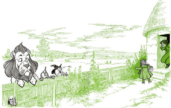 Lion, Scarecrow, Tinman and Toto at a fence Lion, Scarecrow, Tinman and Toto at a fence