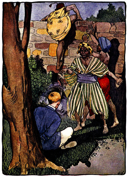 Uttering cries of terror and dismay, the
three Turks took to their heels