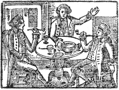 Three men at
a table eating, drinking, and talking