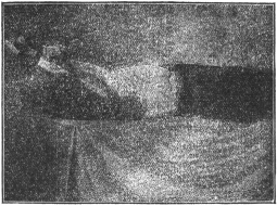 Exercise No. 6.—Reclining and bringing arms from far
back straight upward with elbows rigid, to straight over chest, drawing
deep breath and retaining same during movement.