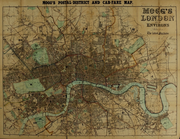 [Image unavailable: MOGG’S POSTAL-DISTRICT AND CAB-FARE MAP.

MOGG’S

LONDON

AND ITS

ENVIRONS

Drawn from

The latest Surveys

By E. T. Mogg.]