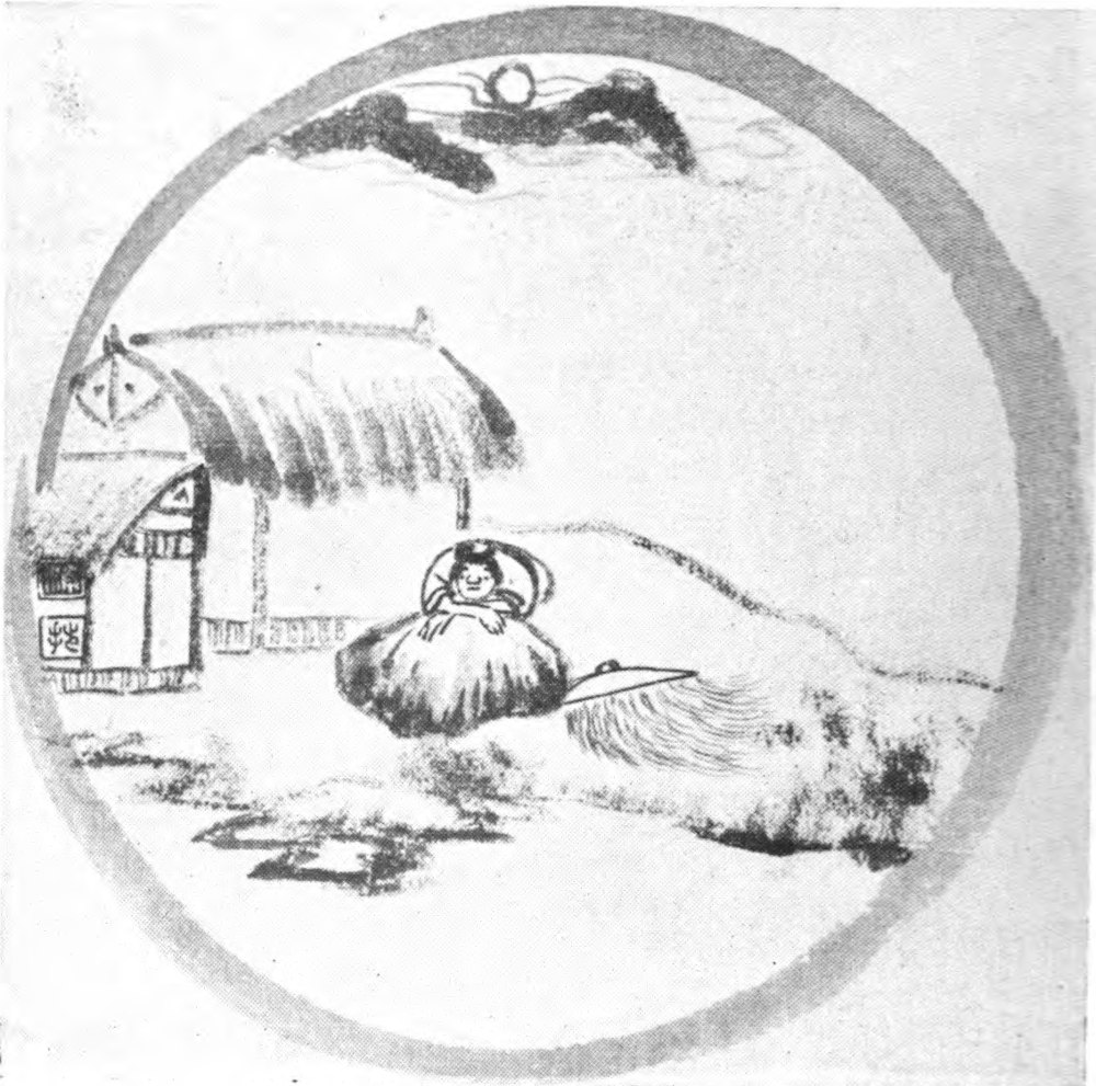 Drawing of a person sitting outside a thatched-roofed
  house