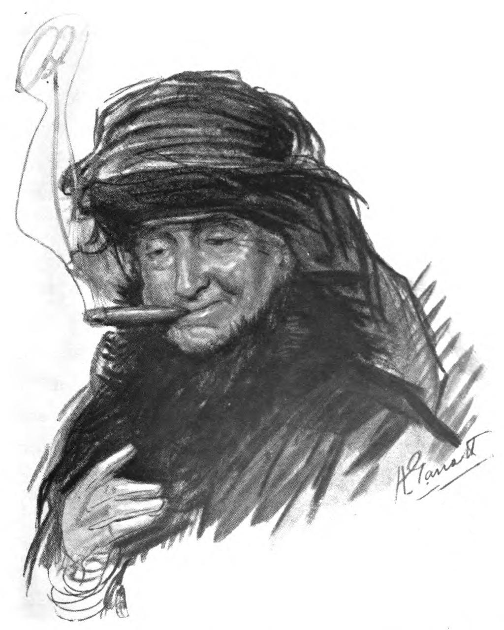 An older person wearing a
      Victorian-era hat with a train, a black dress with a fur collar,
      and white gloves, with a lit cigar in ‘her’ mouth.