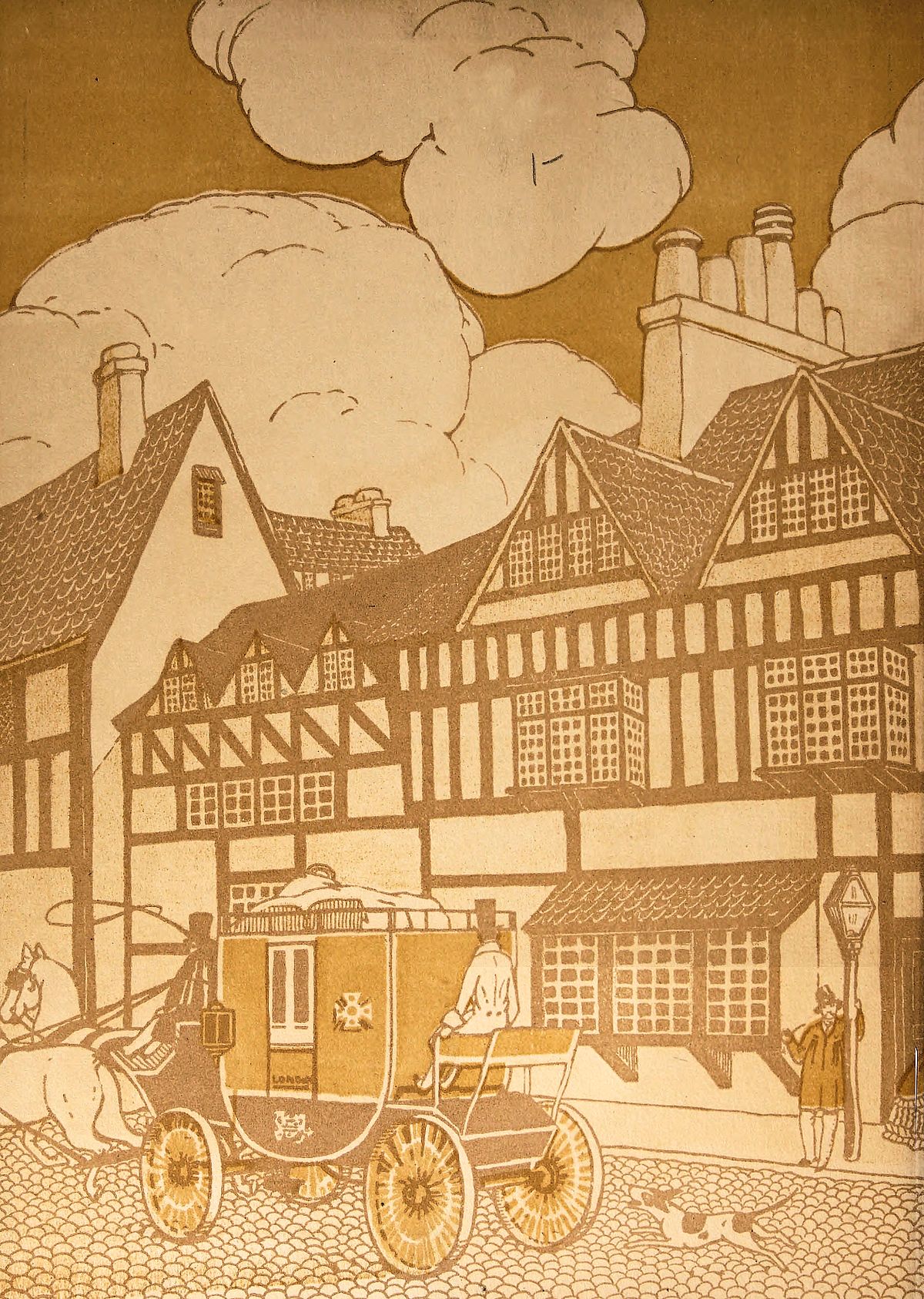 The image depicts a vintage street scene with half-timbered 
buildings, a horse-drawn carriage labeled London, and cobblestone 
roads.