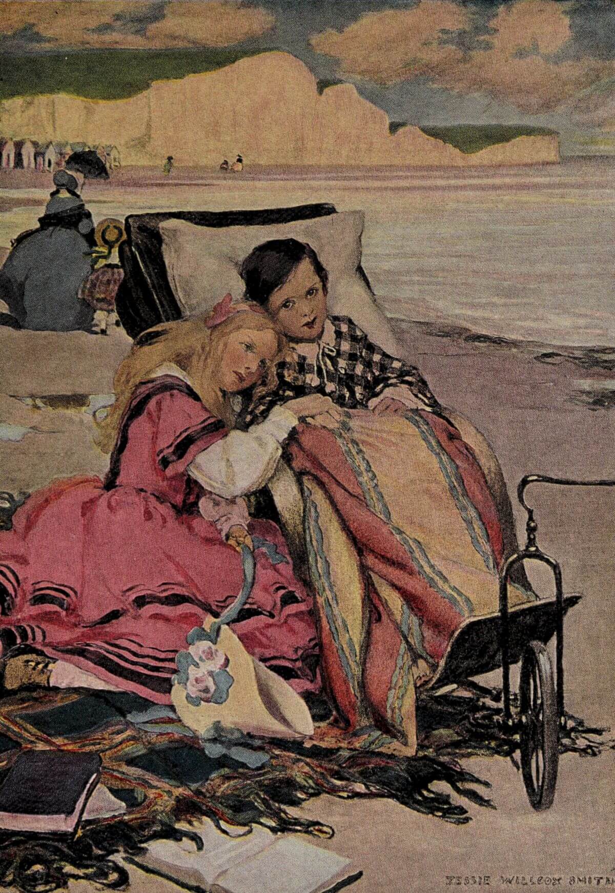 A girl in a vibrant pink dress tenderly leans against a sick child 
resting in a beach wheelchair, wrapped in a striped blanket.