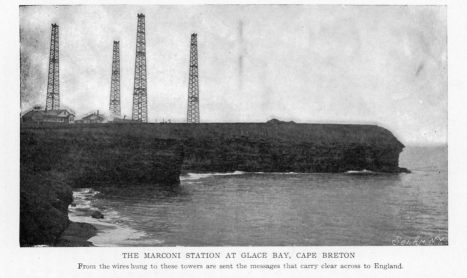 THE MARCONI STATION AT GLACÉ BAY, CAPE BRETON From the wires hung to these towers are sent the messages that carry clear across to England.