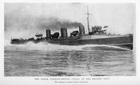 THE STEAM TURBINE-DRIVEN <i>VELOX</i>, OF THE BRITISH NAVY The fastest torpedo-boat destroyer.