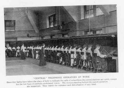 "CENTRAL" TELEPHONE OPERATORS AT WORK Since tiny lights have taken the place of bells to indicate the calls of subscribers the central stations are quiet except for the low hum of carefully modulated voices. The women standing behind the seated operators are inspectors. They watch for mistakes and disturbances of any kind.