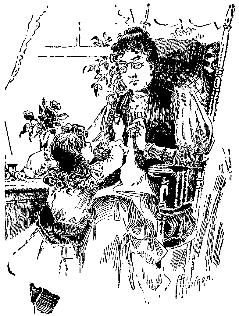 Line Drawing of a Girl Handing a Spool of Thread to a Sewing Woman