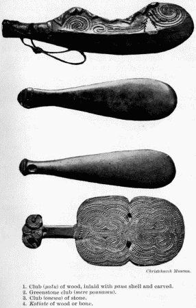 Christchurch Museum.  1. Club (patu) of wood, inlaid with paua shell and carved.  2. Greenstone club (mere pounanu).  3. Club (onewa) of stone.  4. Kotiate of wood or bone.