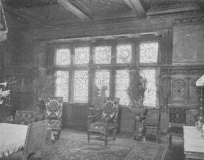 DINING-ROOM IN NEW YORK HOUSE SHOWING LEADED-GLASS WINDOWS