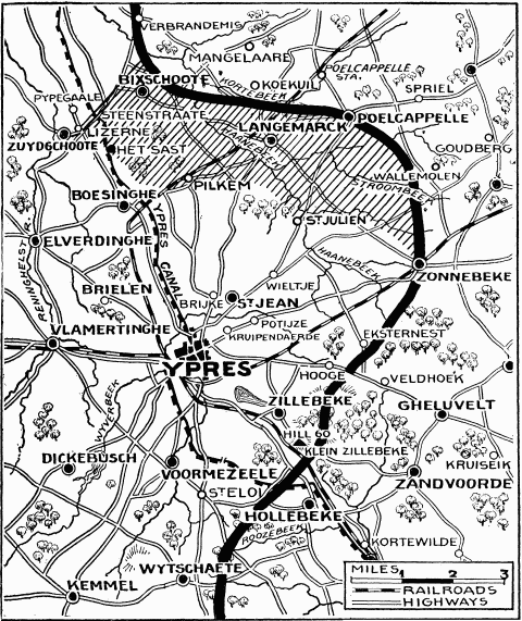 The German rush across the Yser-Ypres Canal was checked at Lizerne and opposite Boesinghe. The shaded area on the map marks the scene of the battle. Within this area are Steenstraate, Het Sast, Pilkem, St. Julien, and Langemarck, all of which the Germans claimed to have captured.