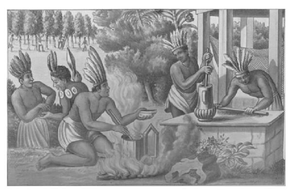 Native Americans Preparing and Cooking Cocoa.  Ogibe's "America," 1671.