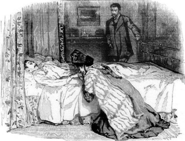 "She threw herself on her knees by the bedside and seized his hand."