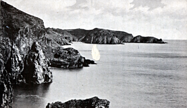 DIXCART BAY. Where the Herm men landed, is in the centre of the picture, right below the ruined mill on HOG'S BACK. The straight-walled cliff on the right of the bay is where the Sark men took their stand. The out-stretching point on the right is DERRIBLE.