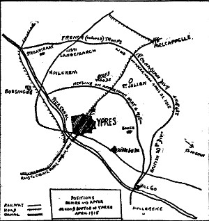 POSITIONS BEFORE AND AFTER SECOND BATTLE OF YPRES APRIL 1915