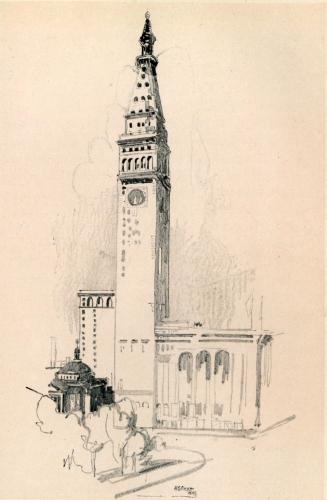 ";THE TOWER OF THE METROPOLITAN BUILDING. WHATEVER ARTISTS MAY THINK OF IT THE TOWER IS, STRUCTURALLY, ONE OF THE WONDERS OF THE WORLD. EXACTLY HALFWAY BETWEEN SIDEWALK AND POINT OF SPIRE IS THE GREAT CLOCK WITH THE IMMENSE DIALS"