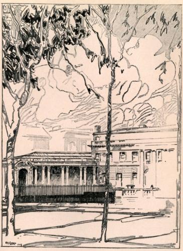 "THE SITE OF THE OLD LENOX LIBRARY IS NOW OCCUPIED BY THE HOUSE OF MR. HENRY C. FRICK, ONE OF THE GREAT SHOW RESIDENCES OF THE AVENUE AND THE CITY. A BROAD GARDEN SEPARATES THE HOUSE, WHICH IS EIGHTEENTH CENTURY ENGLISH, FROM THE SIDEWALK"