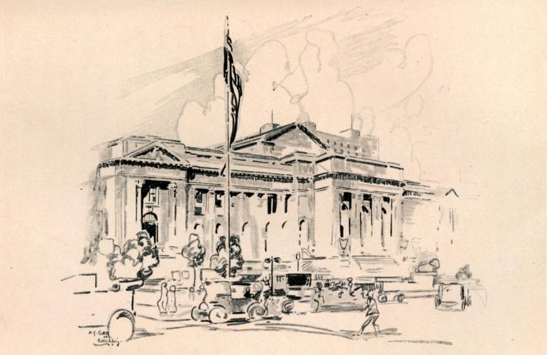 "ON THE SITE OF THE OLD CROTON RESERVOIR THE CORNER-STONE OF THE PUBLIC LIBRARY WAS LAID NOVEMBER 10, 1902, AND THE BUILDING OPENED TO THE PUBLIC MAY 23, 1911. TO IT WERE CARRIED THE TREASURES OF THE ASTOR LIBRARY AND THE LENOX LIBRARY"