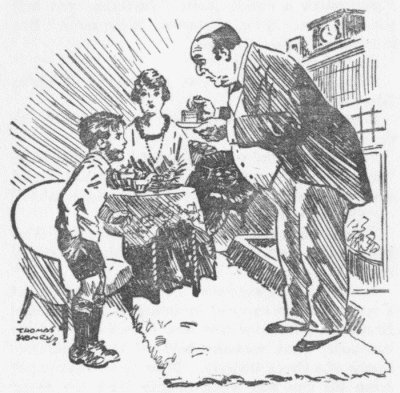 In frozen silence Uncle George put a spoon into his cup and investigated the contents. in still more frozen silence Mrs. Brown and William watched.