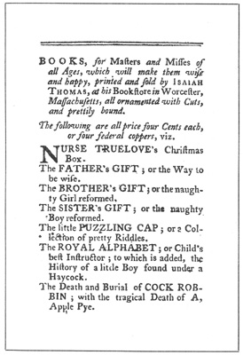 A page from a Catalogue of Children’s Books printed by Isaiah Thomas