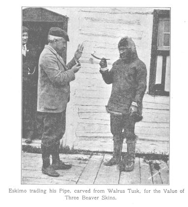 Eskimo trading his Pipe, carved from Walrus Tusk, for the Value of Three Beaver Skins.