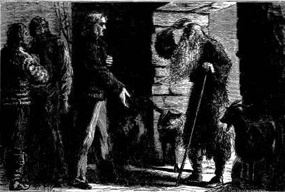 The cabin door now opened, and there stood, in the shadow of the light, the figure of an old man bent with age, and dressed in the skin of a wolf. Page 216.