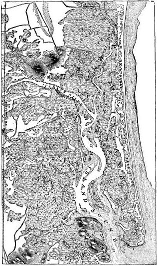 Fig. 19.—Map of Ipswich marshes, Massachusetts, formed behind a barrier beach.