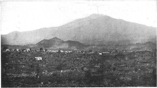 Mount Ætna, seen from near Catania. The imperfect cones on the sky line to the left are those of small secondary eruptions.