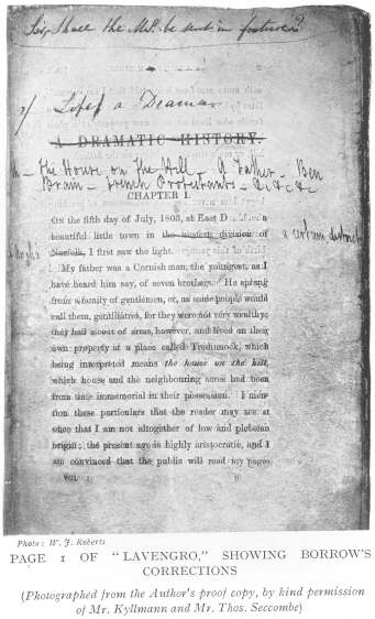 Page 1 of “Lavengro,” showing Borrow’s corrections.  (Photographed from the Author’s proof copy, by kind permission of Mr. Kyllmann and Mr. Thos. Seccombe.)  Photo: W. J. Roberts