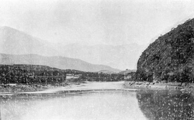 THE RIVER SHWELI AND ITS SUSPENSION BRIDGE.