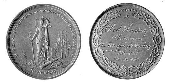 Silver medal won by Mr. Hussey with the Reaper at Baltimore in 1850