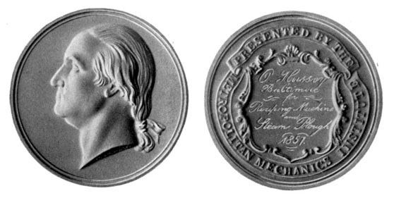 Silver medal won by Mr. Hussey with the Reaper and his Steam Plough at New York in 1857