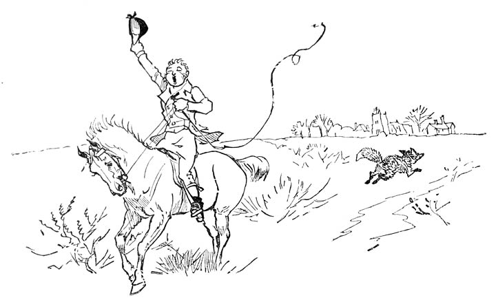 Fox running past huntsman