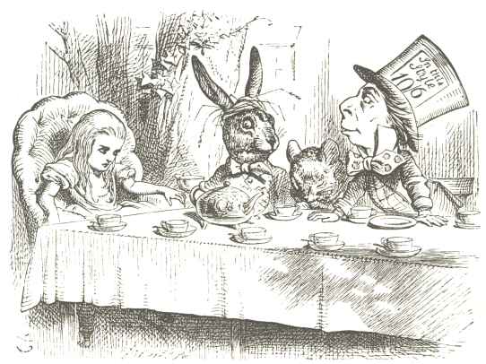 “The Mad Tea-Party.”  From “Alice’s Adventures in Wonderland,” 1865.  Drawn by John Tenniel; engraved by Dalziel Brothers